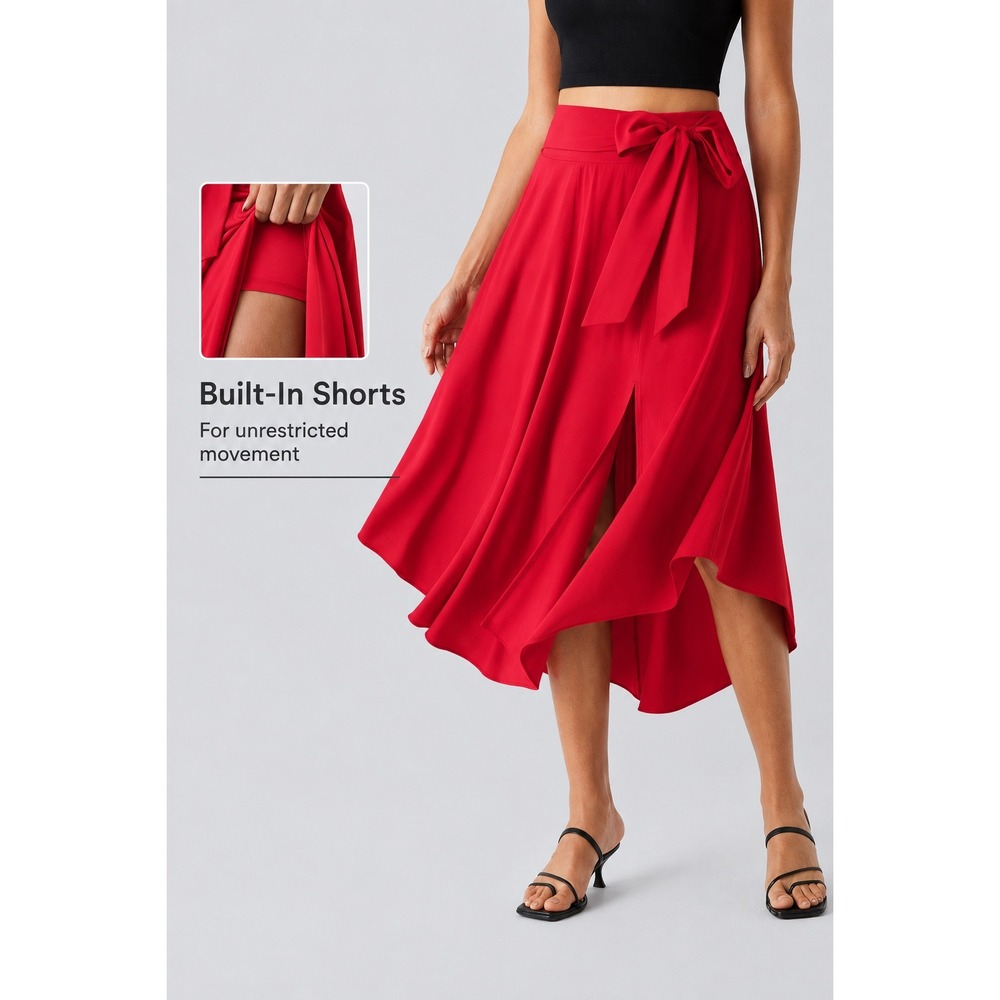 Halara Breezeful Tomato Red Tie Waist 2-in-1 High Low Midi Skort M NWOT